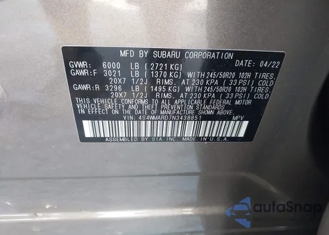 2022 Subaru Ascent Touring из США, поврежденный, VIN 4S4WMARD7N3438851